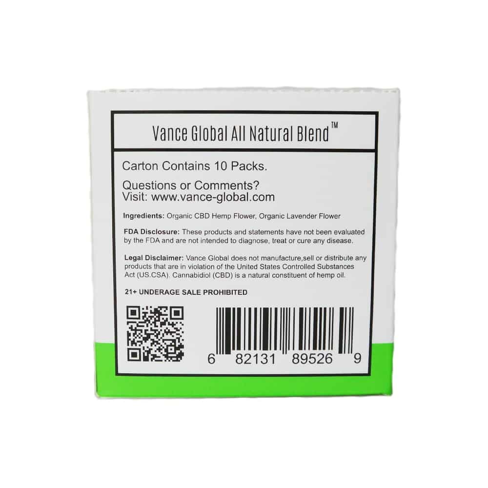 Vance Global All Natural Blend CBD Cigarettes Carton Label Ingredients Pack product photo back
